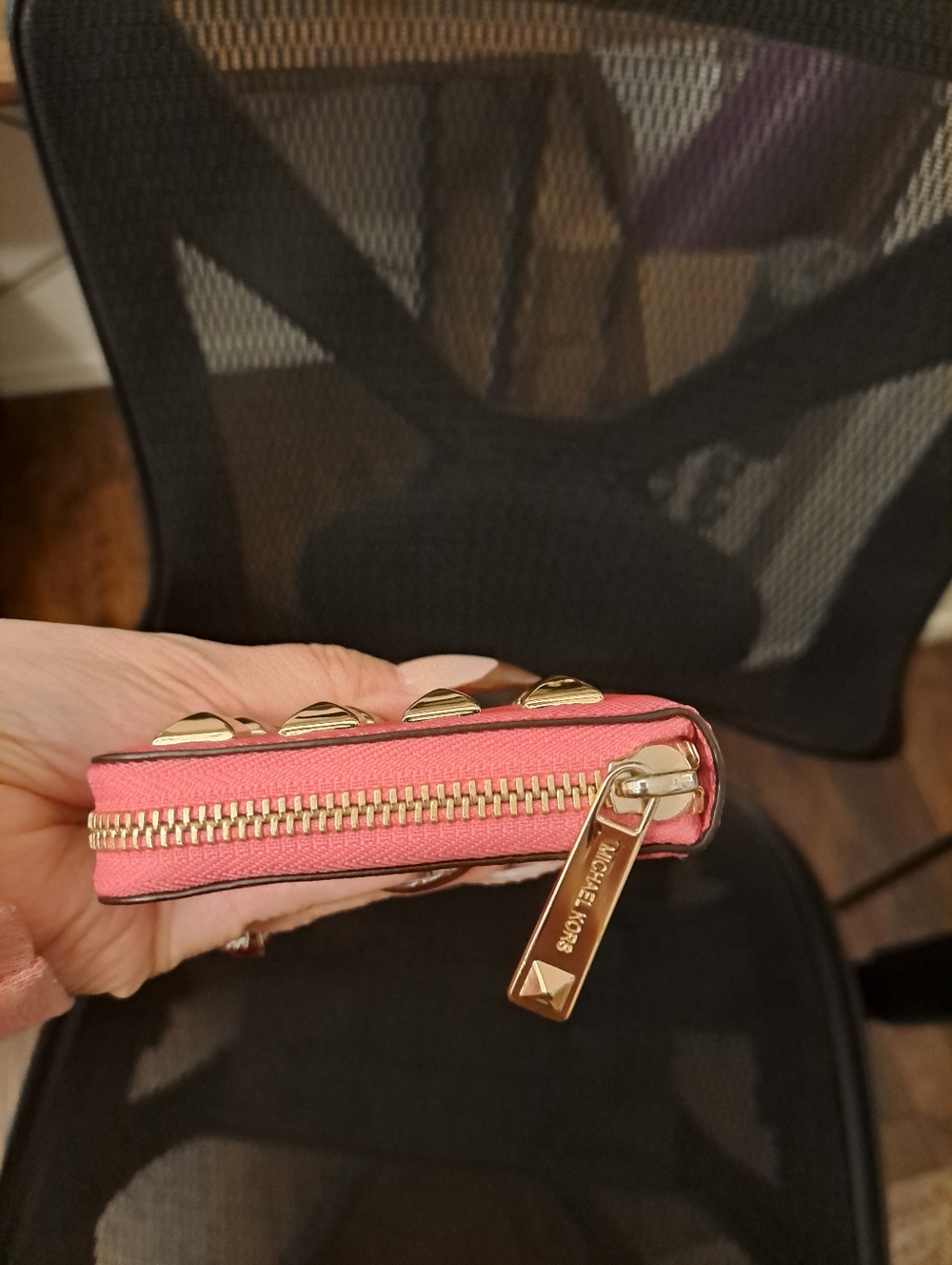 EUC Michael Kors Hot Pink Saffiano Zip Wallet with Gold Studs - Picture 4 of 11